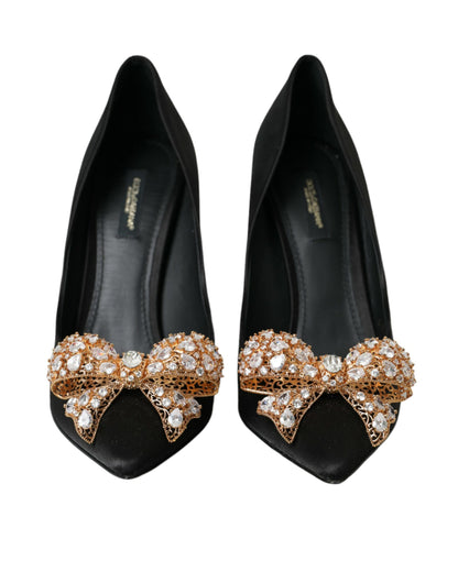 Dolce & Gabbana Black Satin Bow Embellished Heels Pumps Shoes Dolce & Gabbana