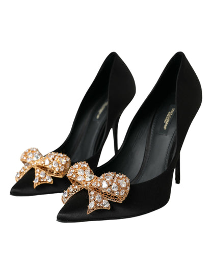 Dolce & Gabbana Black Satin Bow Embellished Heels Pumps Shoes Dolce & Gabbana