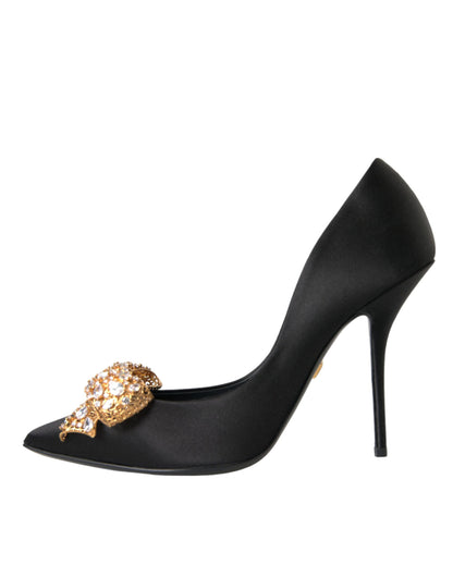 Dolce & Gabbana Black Satin Bow Embellished Heels Pumps Shoes Dolce & Gabbana