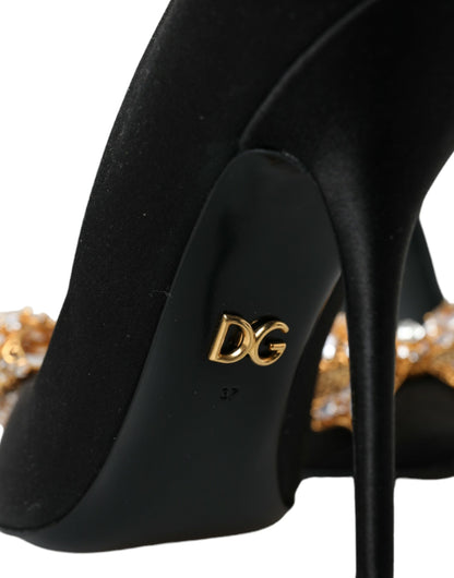 Dolce & Gabbana Black Satin Bow Crystal Heels Pumps Shoes Dolce & Gabbana