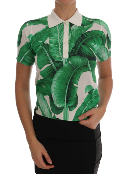 Dolce & Gabbana Green Banana Print Silk Polo T-shirt Dolce & Gabbana