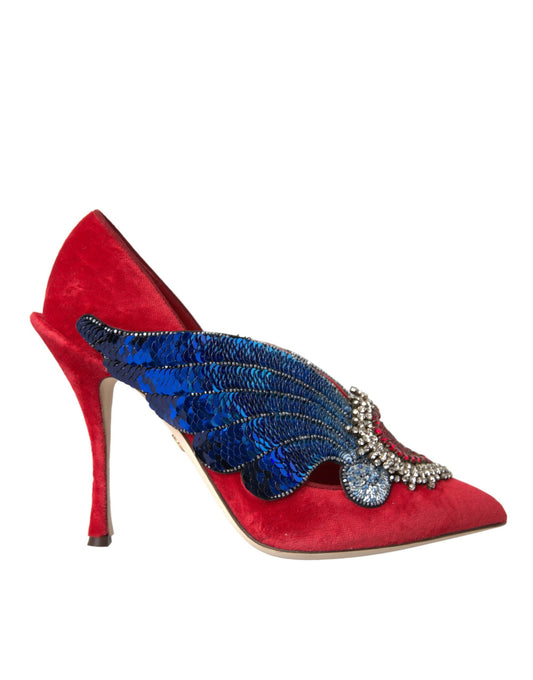 Dolce & Gabbana Red Velvet Sequin Crystal Heels Pumps Shoes Dolce & Gabbana