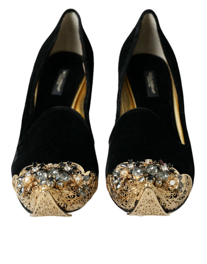 Dolce & Gabbana Black Velvet Embellished Heels Pumps Shoes Dolce & Gabbana