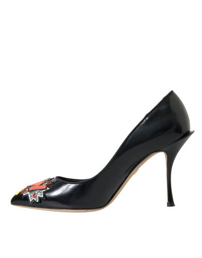 Dolce & Gabbana Black Leather WOW Patch Heels Pumps Shoes Dolce & Gabbana