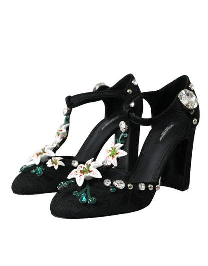 Dolce & Gabbana Black Lilies Crystal Heels Pumps Shoes Dolce & Gabbana