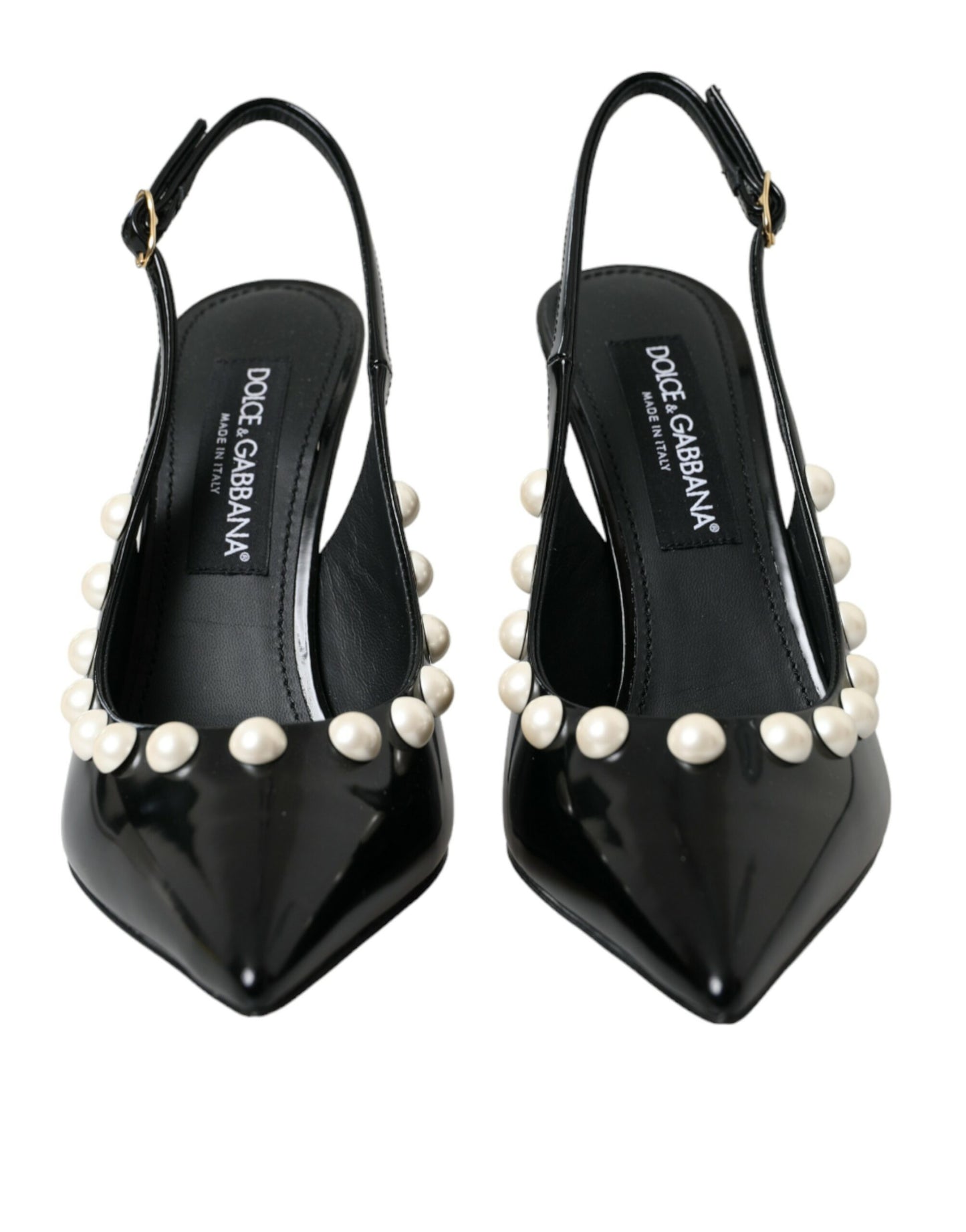 Dolce & Gabbana Black Leather Faux Pearl Heel Slingback Shoes Dolce & Gabbana