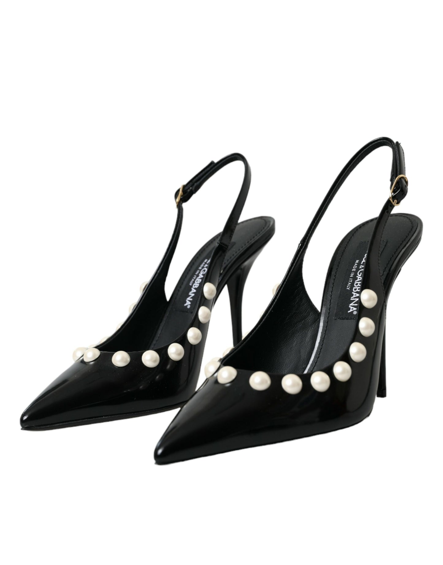 Dolce & Gabbana Black Leather Faux Pearl Heel Slingback Shoes Dolce & Gabbana