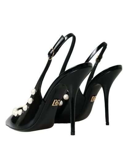 Dolce & Gabbana Black Leather Faux Pearl Heel Slingback Shoes Dolce & Gabbana