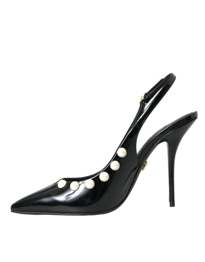 Dolce & Gabbana Black Leather Faux Pearl Heel Slingback Shoes Dolce & Gabbana