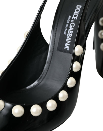 Dolce & Gabbana Black Leather Faux Pearl Heel Slingback Shoes Dolce & Gabbana