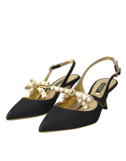 Dolce & Gabbana Black Leather Faux Pearls Slingbacks Shoes Dolce & Gabbana