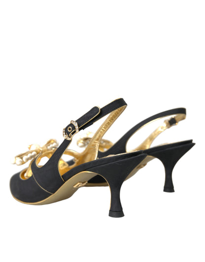 Dolce & Gabbana Black Leather Faux Pearls Slingbacks Shoes Dolce & Gabbana