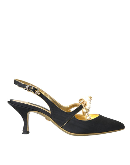 Dolce & Gabbana Black Leather Faux Pearls Slingbacks Shoes Dolce & Gabbana