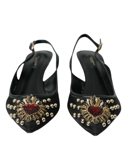 Dolce & Gabbana Black Mesh Embellished Heel Slingbacks Shoes Dolce & Gabbana