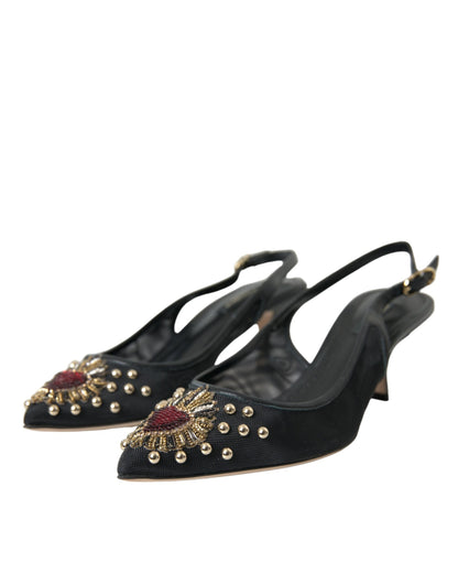 Dolce & Gabbana Black Mesh Embellished Heel Slingbacks Shoes Dolce & Gabbana