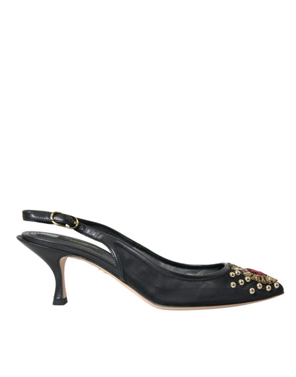 Dolce & Gabbana Black Mesh Embellished Heel Slingbacks Shoes Dolce & Gabbana