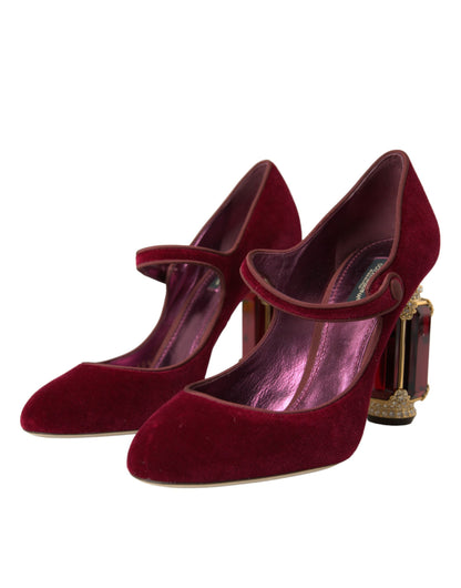 Dolce & Gabbana Red Velvet Gold Crystals Heels Mary Jane Shoes Dolce & Gabbana