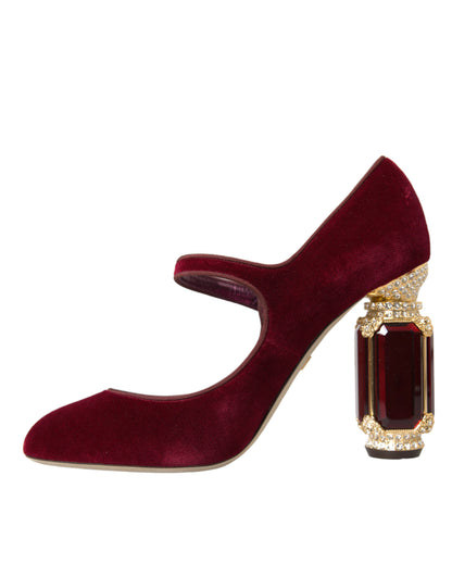 Dolce & Gabbana Red Velvet Gold Crystals Heels Mary Jane Shoes Dolce & Gabbana