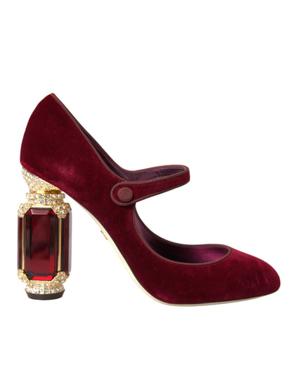 Dolce & Gabbana Red Velvet Gold Crystals Heels Mary Jane Shoes Dolce & Gabbana