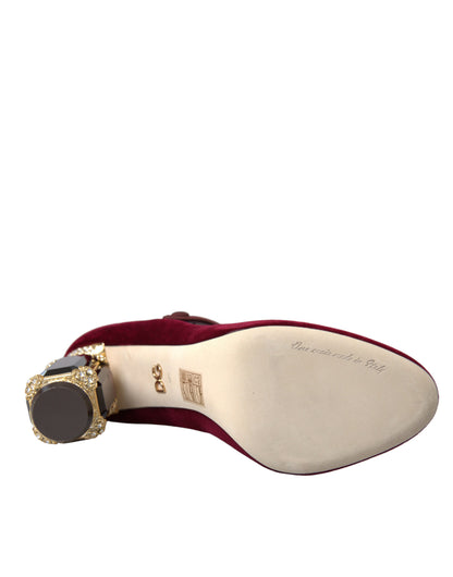 Dolce & Gabbana Red Velvet Gold Crystals Heels Mary Jane Shoes Dolce & Gabbana