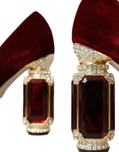 Dolce & Gabbana Red Velvet Gold Crystals Heels Mary Jane Shoes Dolce & Gabbana