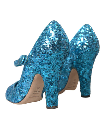 Dolce & Gabbana Blue Sequin Mary Jane Pumps High Heels Shoes Dolce & Gabbana