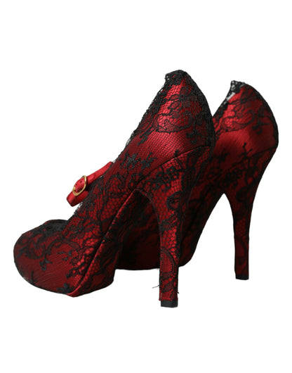 Dolce & Gabbana Red Black Floral Lace Mary Jane Pumps Shoes Dolce & Gabbana