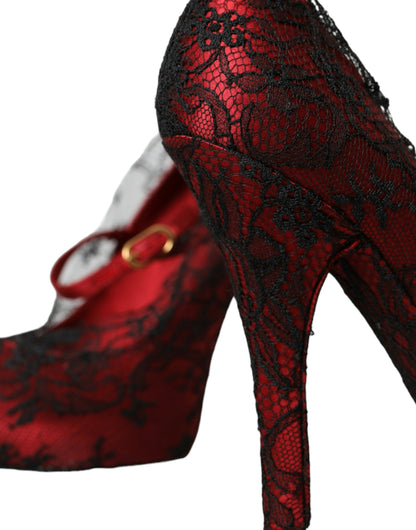 Dolce & Gabbana Red Black Floral Lace Mary Jane Pumps Shoes Dolce & Gabbana