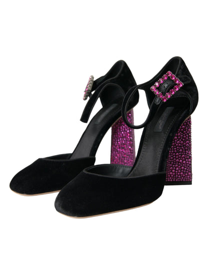 Dolce & Gabbana Black Velvet Strass Crystal Mary Janes Shoes Dolce & Gabbana