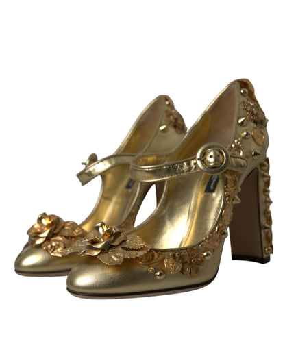 Dolce & Gabbana Gold Leather Crystal Mary Janes Pumps Shoes Dolce & Gabbana