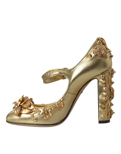 Dolce & Gabbana Gold Leather Crystal Mary Janes Pumps Shoes Dolce & Gabbana