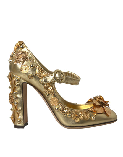 Dolce & Gabbana Gold Leather Crystal Mary Janes Pumps Shoes Dolce & Gabbana