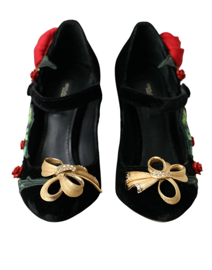 Dolce & Gabbana Black Roses Crystal Brooch Mary Jane Shoes Dolce & Gabbana