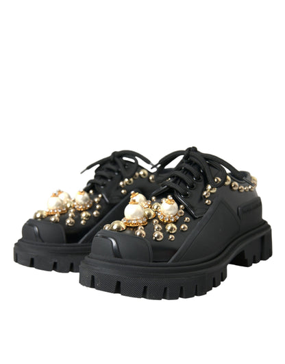 Dolce & Gabbana Black Leather Trekking Derby Embellished Shoes Dolce & Gabbana