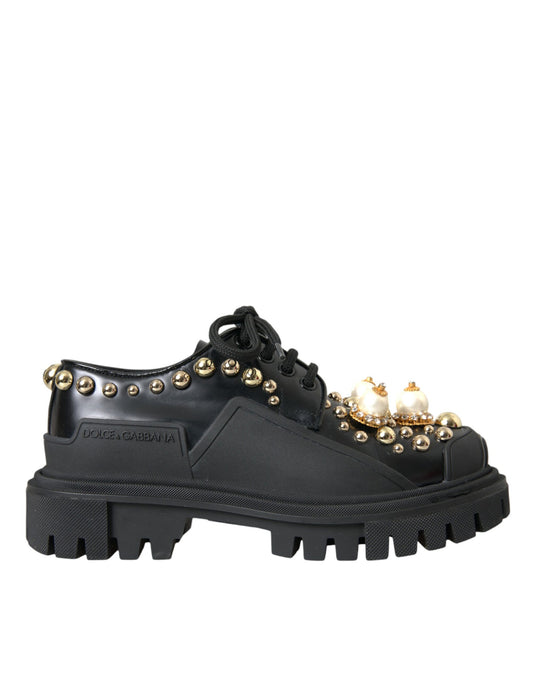 Dolce & Gabbana Black Leather Trekking Derby Embellished Shoes Dolce & Gabbana