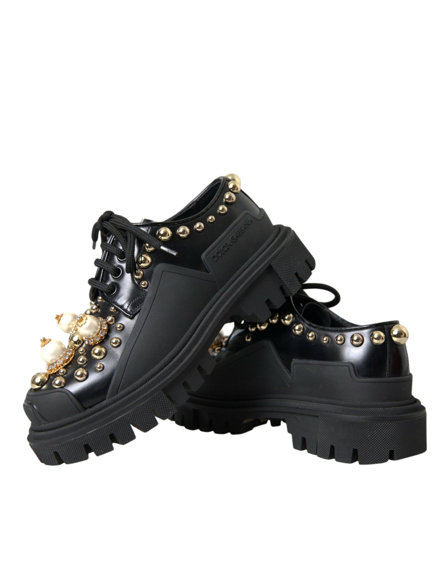 Dolce & Gabbana Black Leather Trekking Derby Embellished Shoes Dolce & Gabbana