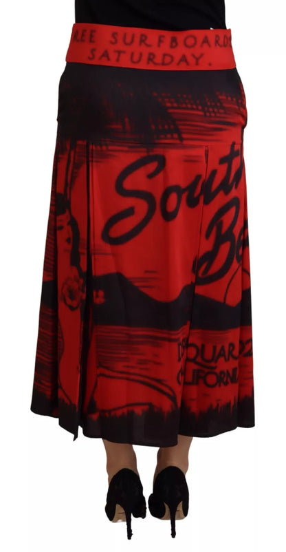 Dsquared² Red Printed High Waist A-line Pleated Midi Skirt Dsquared²