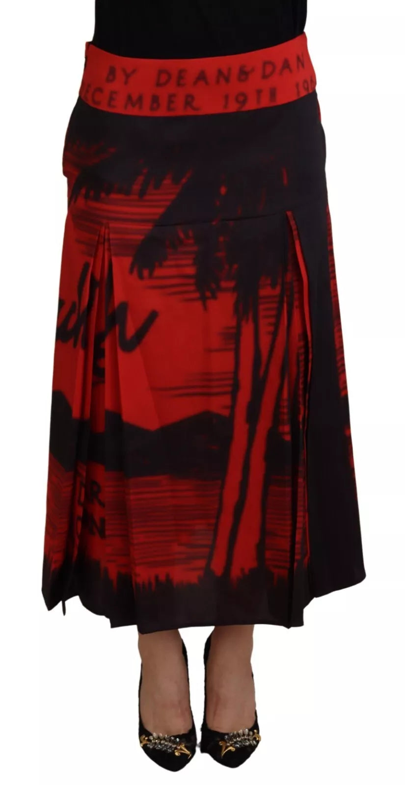 Dsquared² Red Printed High Waist A-line Pleated Midi Skirt Dsquared²