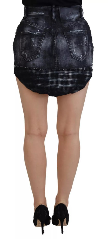 Dsquared² Black Checkered High Waist A-line Denim Mini Skirt Dsquared²