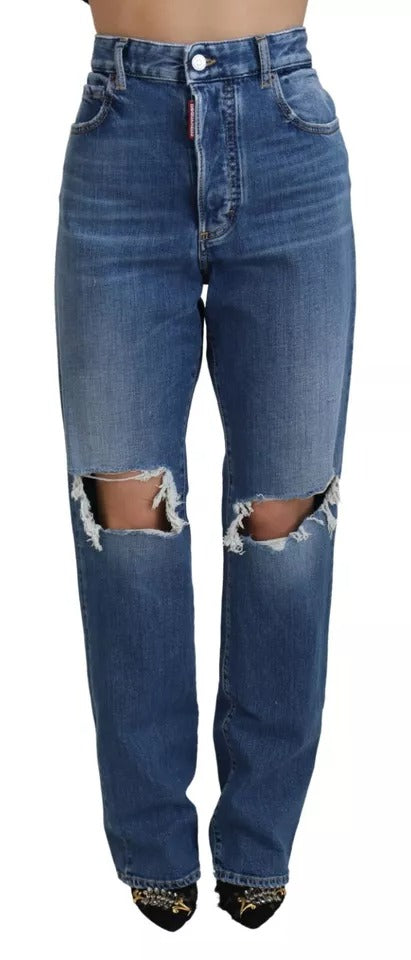 Dsquared² Blue Distressed High Waist Straight Denim Jeans Dsquared²