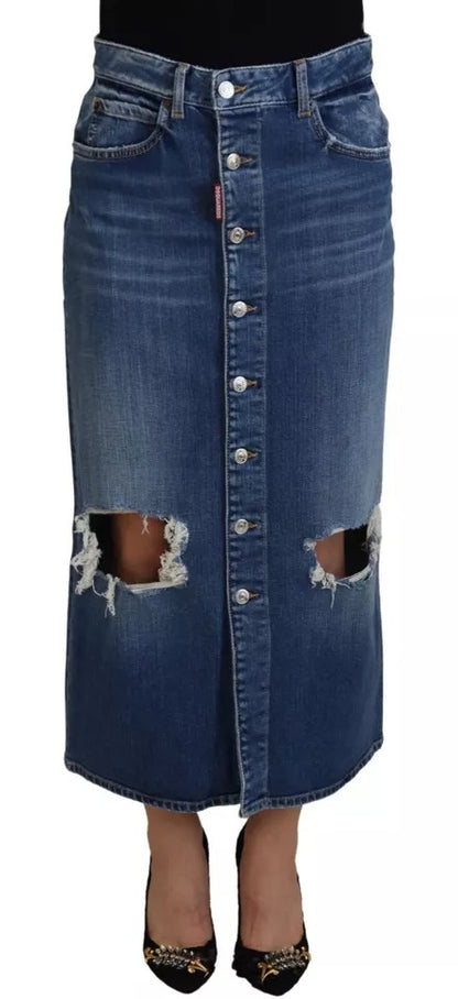 Dsquared² Blue Distressed High Waist Pencil Cut Denim Skirt Dsquared²