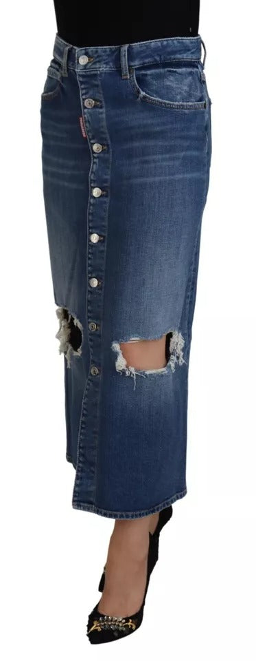 Dsquared² Blue Distressed High Waist Pencil Cut Denim Skirt Dsquared²