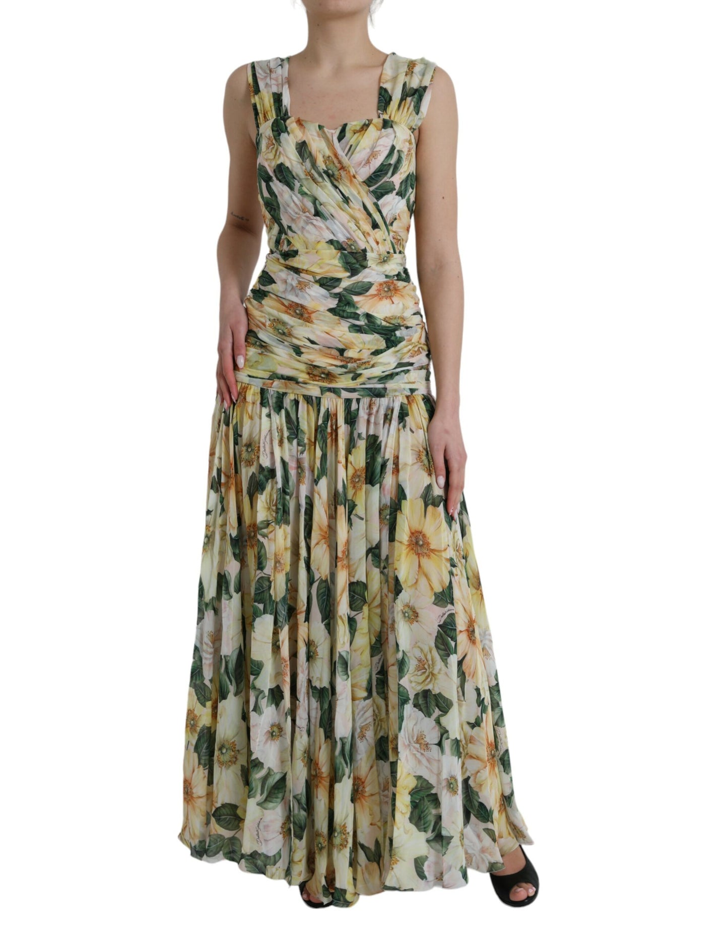 Dolce & Gabbana Yellow Floral Print Silk Pleated Maxi Dress Dolce & Gabbana