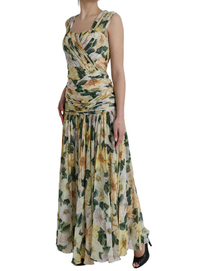 Dolce & Gabbana Yellow Floral Print Silk Pleated Maxi Dress Dolce & Gabbana