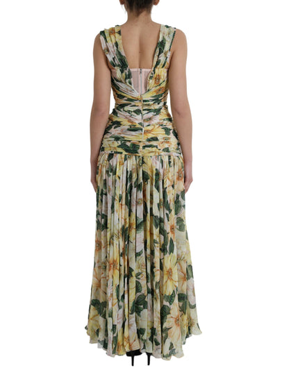 Dolce & Gabbana Yellow Floral Print Silk Pleated Maxi Dress Dolce & Gabbana