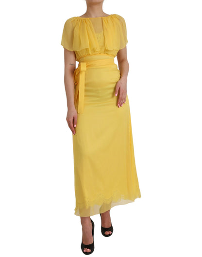 Dolce & Gabbana Yellow Silk Sheath Belted Long Maxi Dress Dolce & Gabbana