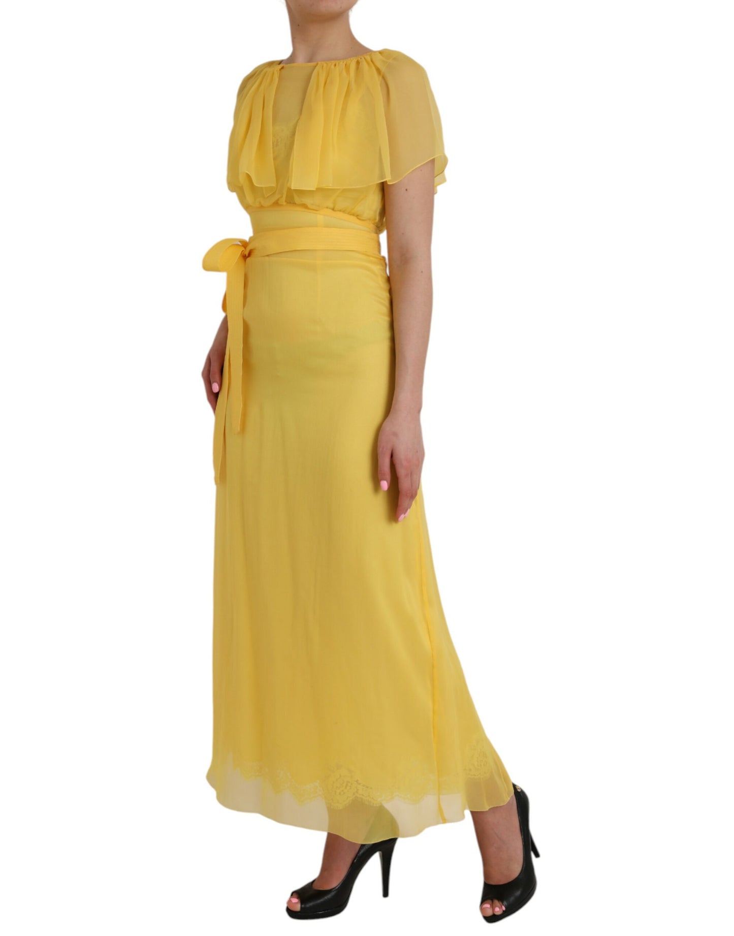 Dolce & Gabbana Yellow Silk Sheath Belted Long Maxi Dress Dolce & Gabbana