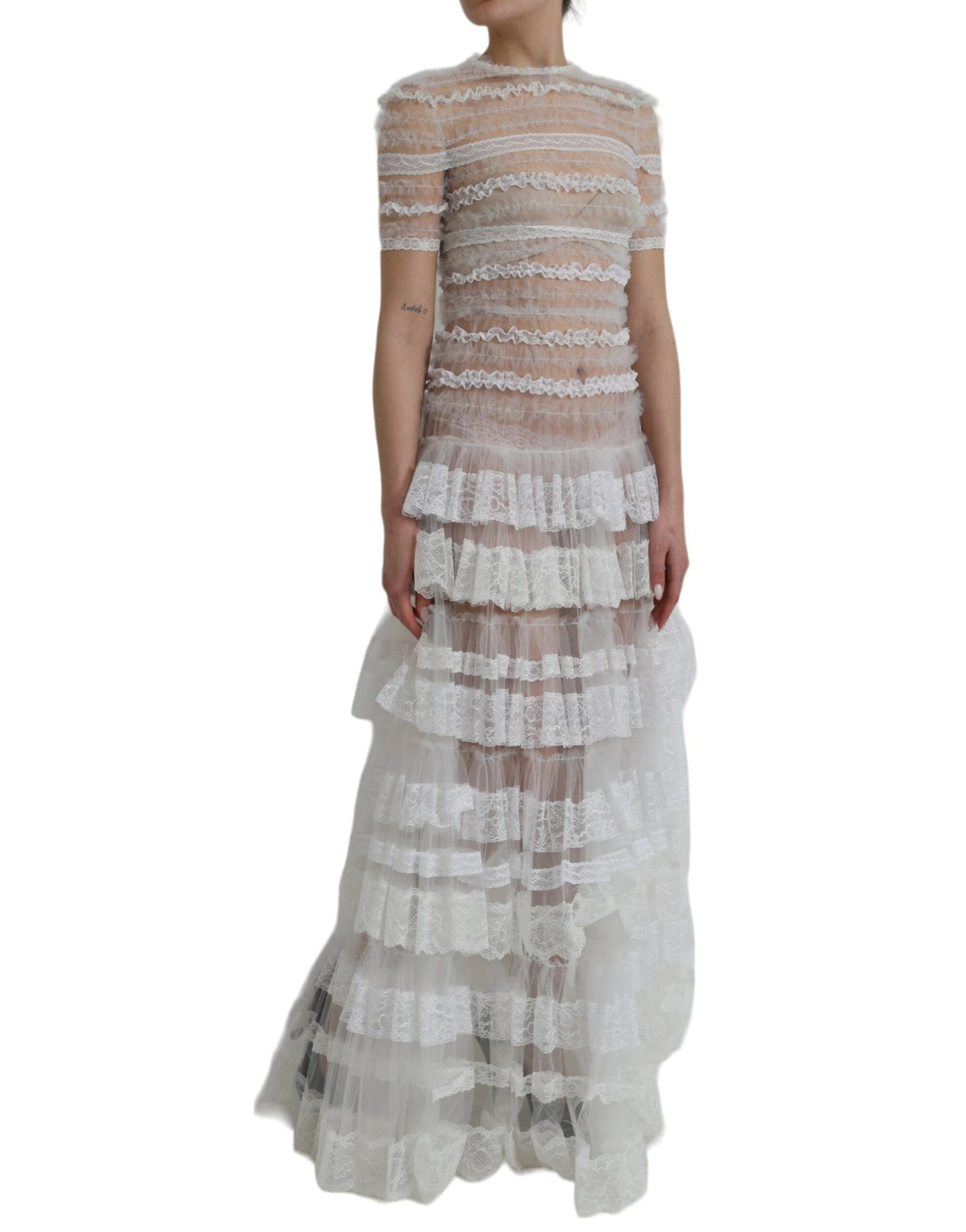 Dolce & Gabbana White Nylon Sheer Tiered Lace Maxi Dress Dolce & Gabbana