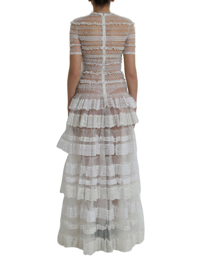 Dolce & Gabbana White Nylon Sheer Tiered Lace Maxi Dress Dolce & Gabbana