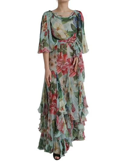 Dolce & Gabbana Blue Floral Print Tiered Long Maxi Dress Dolce & Gabbana